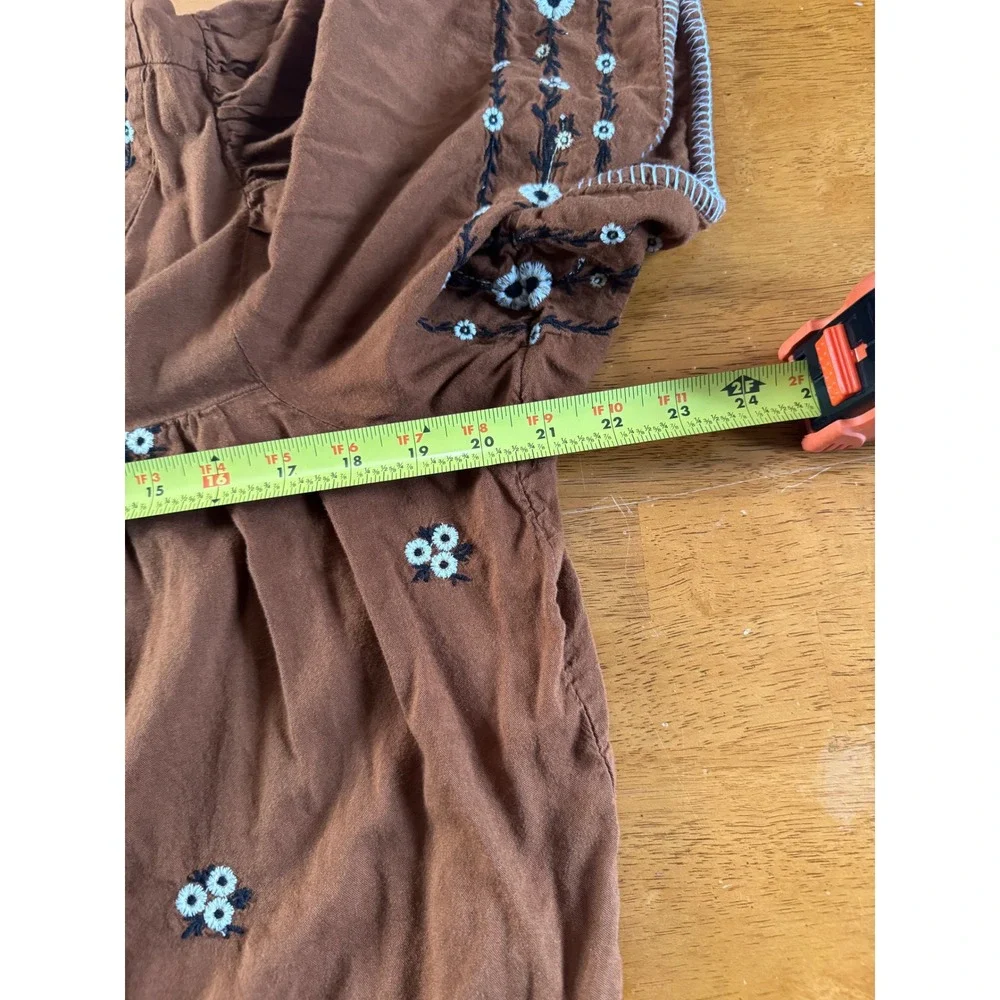 Old Navy Women Rust Brown Floral Embroidered Babydoll V-Neck Blouse Top Sz Large